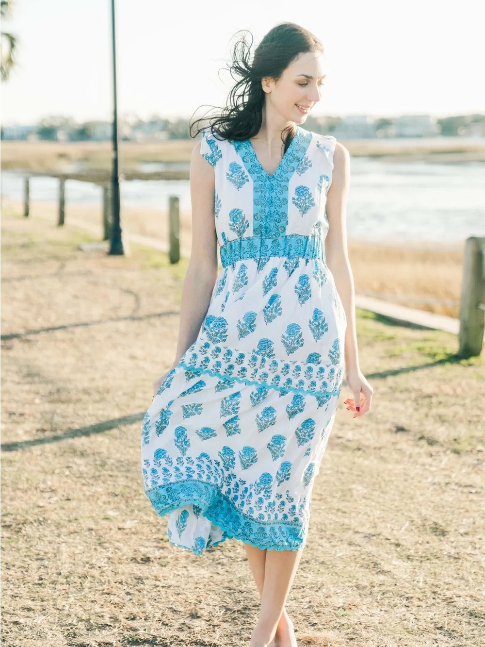 White & Blue Cotton Floral Tiered Midi Dress